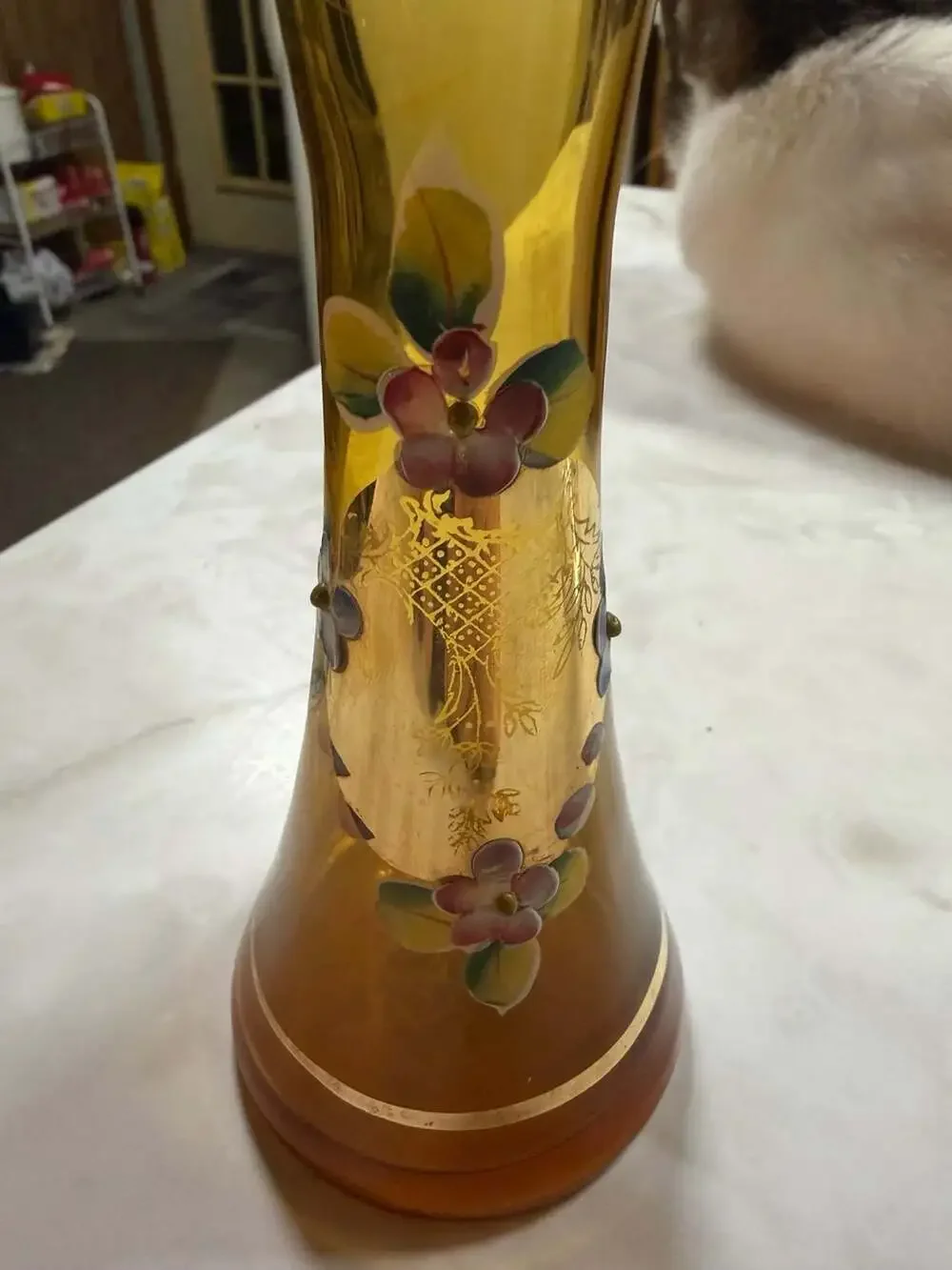 Vintage Amber Art Glass Bud Vase Hand Painted Enamel Floral & Gold Trim Made in